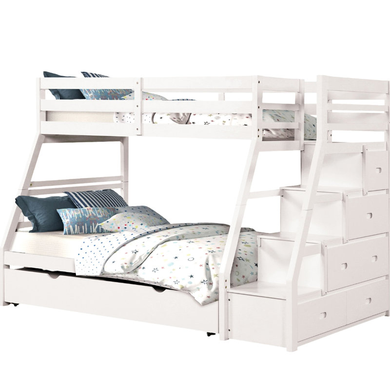 White Finish, Transitional, Twin Over Full Bunk Bed, Rails Featuring Joint Lock, Built-In Storage Drawers, Front Access Steps, Slat Kit Lock Rails,