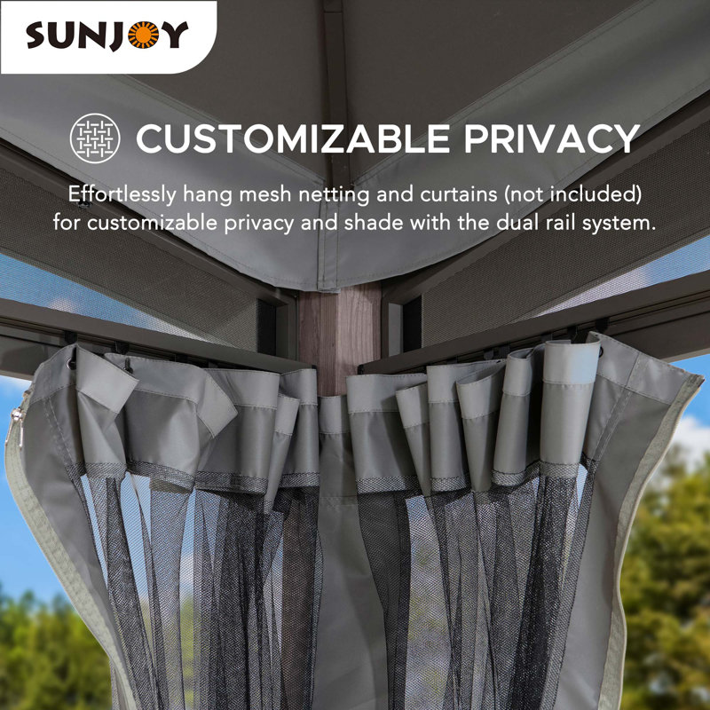 Sunjoy 12 x 12 ft. Gazebo with 2-Tier Canopy Roof, Outdoor Backyard Steel Frame Soft Top Gazebo with Ceiling Hook and Mesh Netting