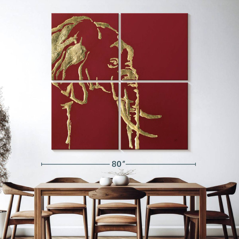 Éléphant doré Brampt sur fond rouge, H 74 po x l 74 po