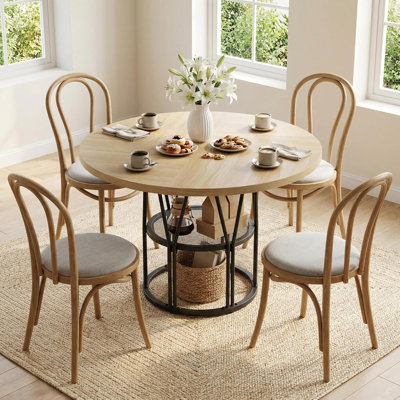 47" Round Table Seats 4-6, Modern Kitchen Table with Storage Shelf & Metal Frame for Dining Room Living Room Apartment Office