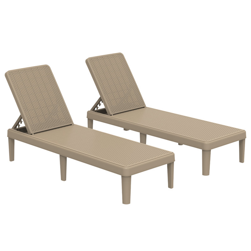 74" All-Weather Resin Chaise Lounge Chair, 5-Position Adjustable Reclining Patio Armless Lounger, Set of 2, Khaki