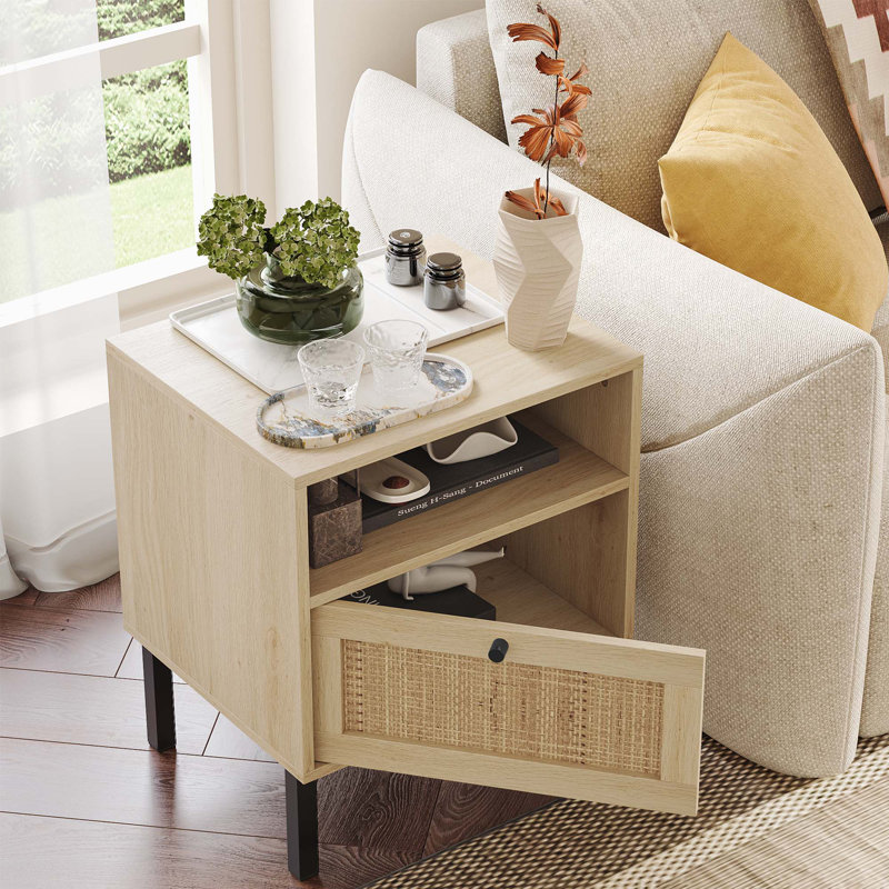 Table de chevet rectangulaire avec porte en rotin Aimara, Naturel, Ensemble de 2