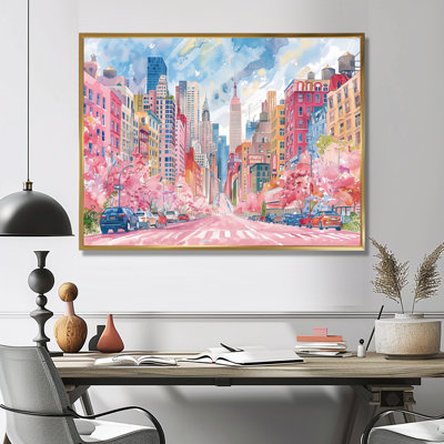 Rose, bleu, bâtiments de New York en été - salon d'art mural de New York
