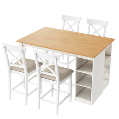 Ensemble de table de salle à manger à hauteur de comptoir en bois massif 60 po x l 30 po avec tablettes de rangement à 3 niveaux et chaises rembourrées pour 4, 5 pièces