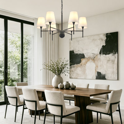 Lustre noir mat à 6 lumières, abat-jour conique en tissu blanc, chaîne réglable pour salle à manger, salon ou hall d'entrée