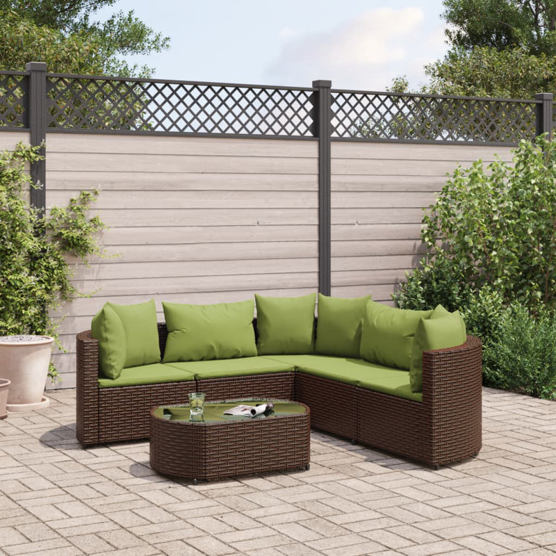 Latitude Run® Patio Sofa Set With Cushions Poly Rattan, Brown, Green, 5
