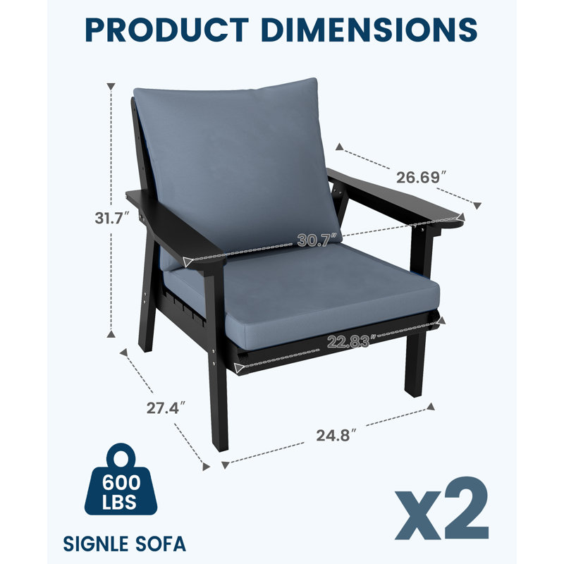 Ensemble de chaises simples d'extérieur 2 pièces Hdpe, Gris, Black