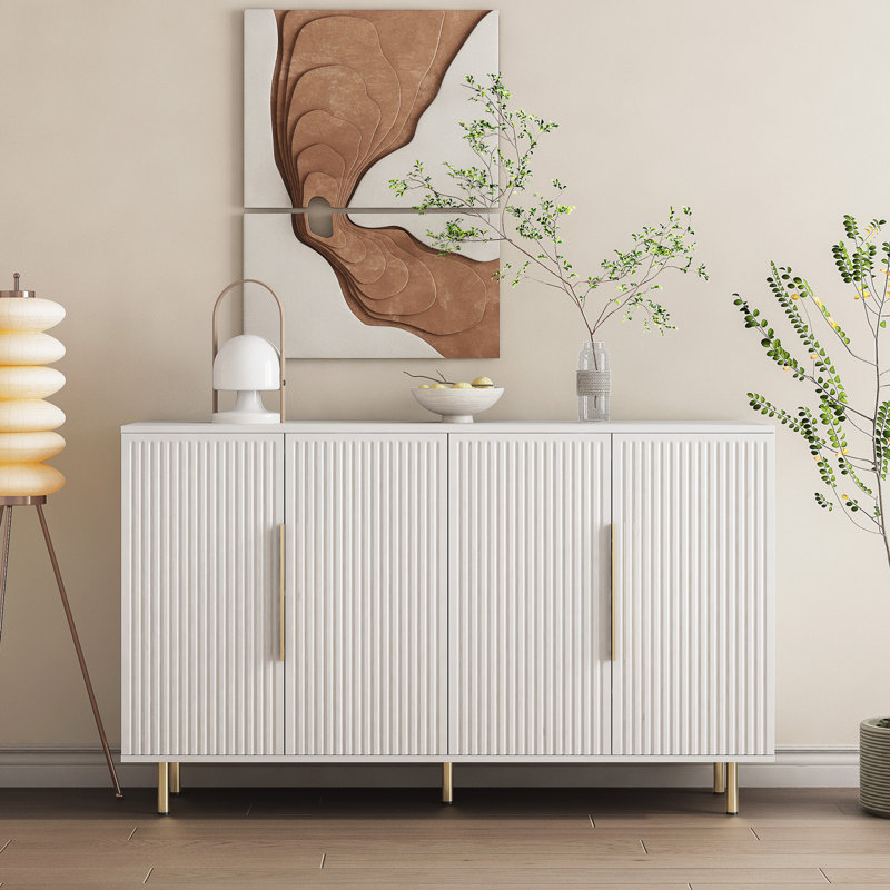 Buffet blanc avec rangement moderne, grand buffet cannelé blanc