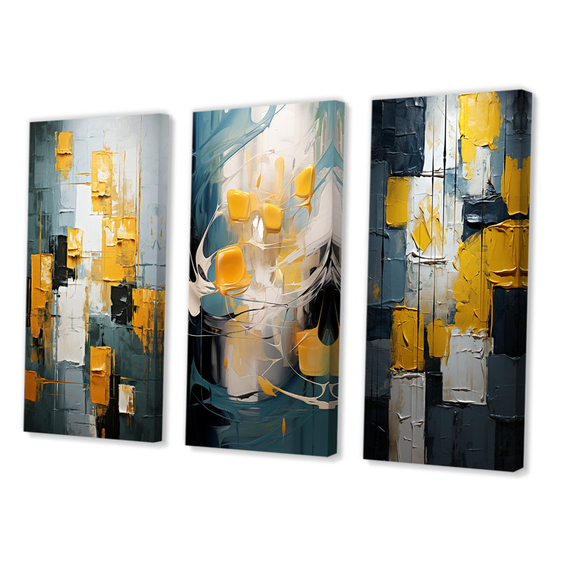Sudden Happiness abstrait bleu sarcelle et jaune I - ensemble de 3 reproductions, Toile tendue, H 28 po x l 36 po