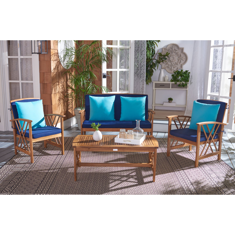 Calhoun 4 Piece Sofa Seating Group with Cushions, Aqua, Navy/Aqua