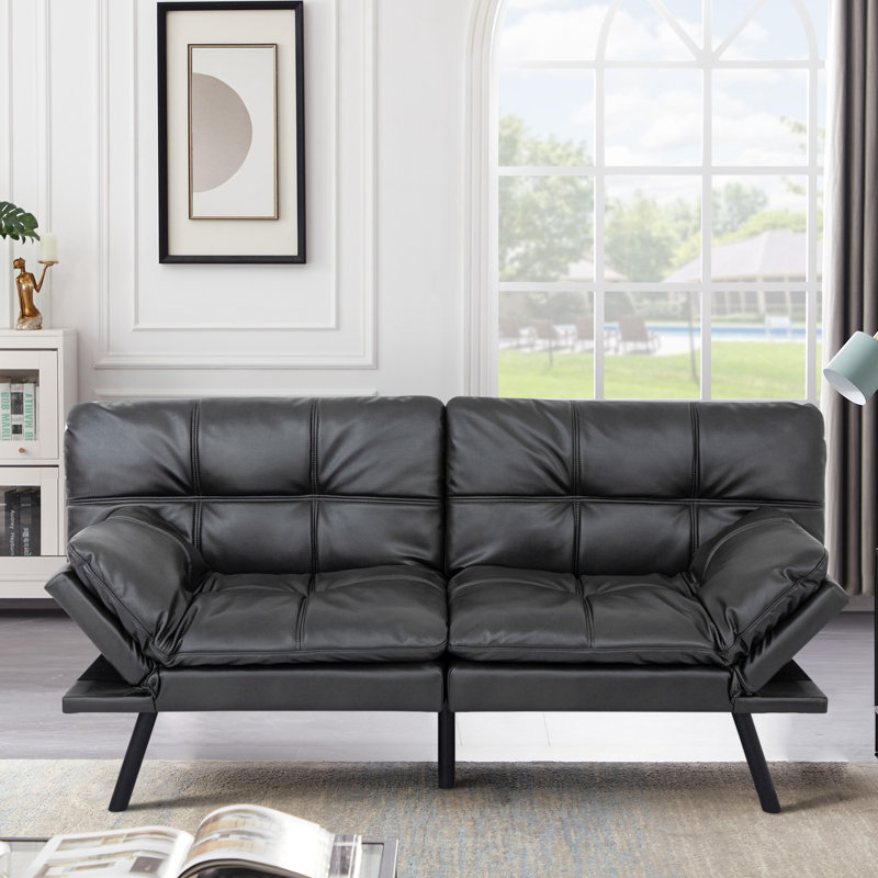 Gurlal Twin 71'' Upholstered Convertible Sofa, Matte Black Faux Leather