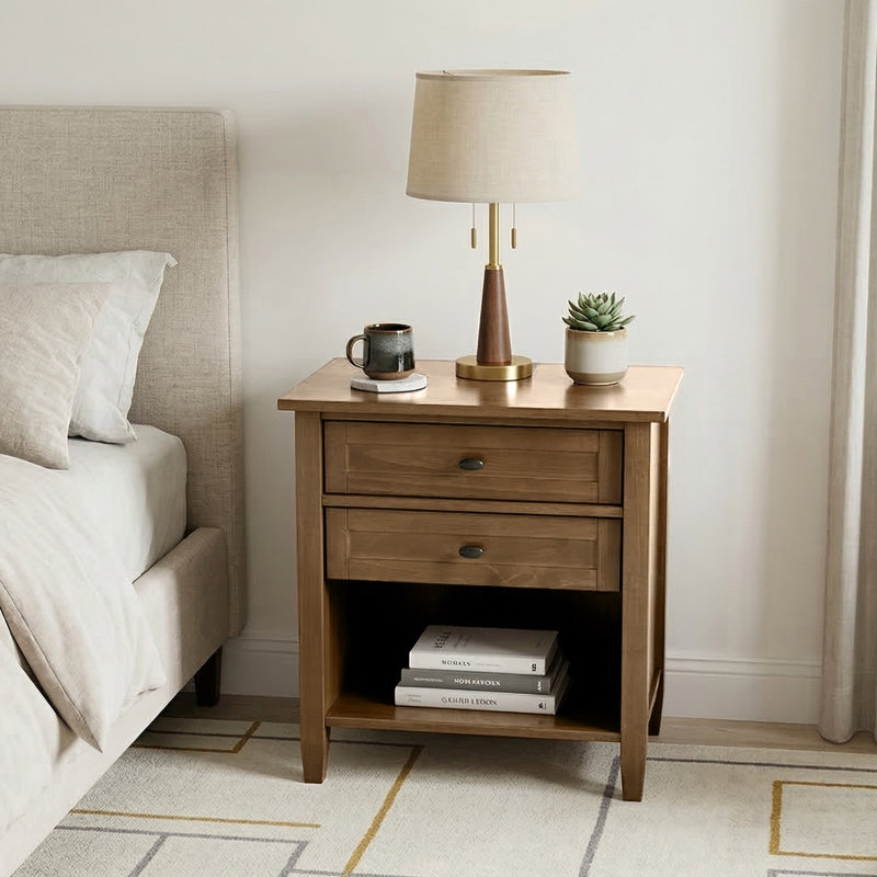 Table de chevet transitionnelle en bois massif avec tiroirs et tablette ouverte Warm Shaker, Brun naturel rustique vieilli