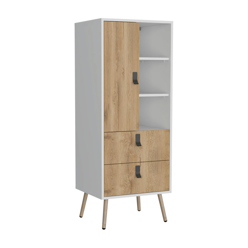 Commode haute Huna, unité avec porte, 2 tiroirs et tablettes ouvertes