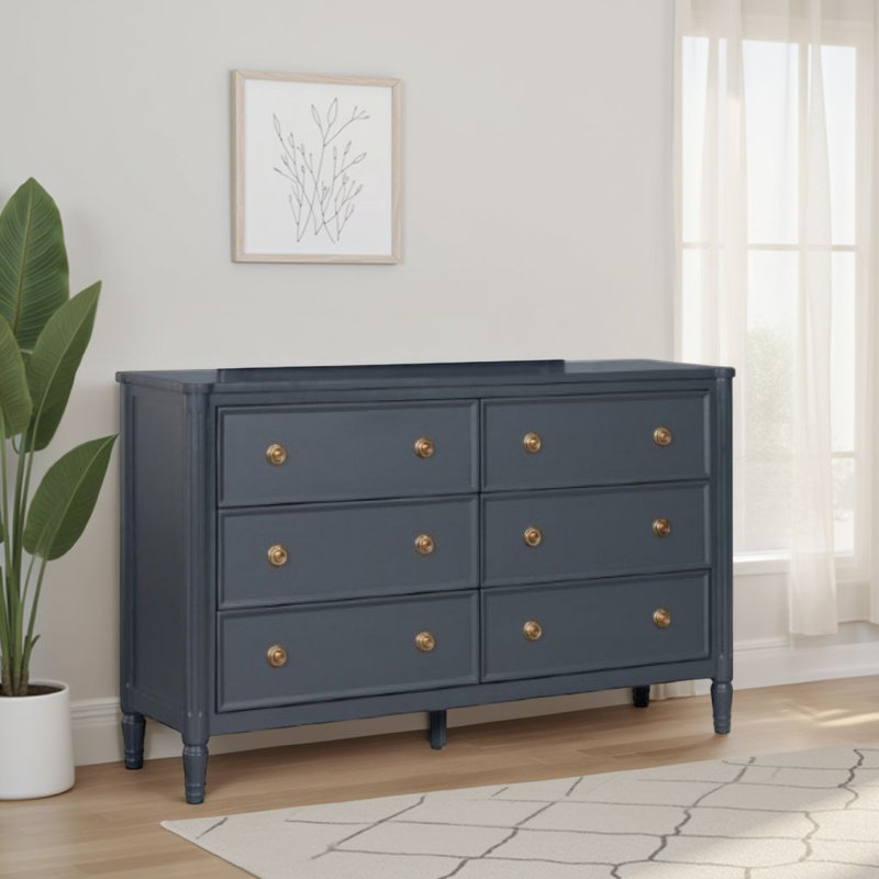 Commode Alta, 6 tiroirs, or et bois massif, 62 pouces, Malte - bleu