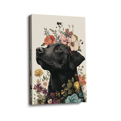 Whimsical “Black Labrador with Vibrant Flower Crown & Wildblooms (Charming Tone)” Floral Lab Canvas Wall Art Stretched Frame for Cozy Studio