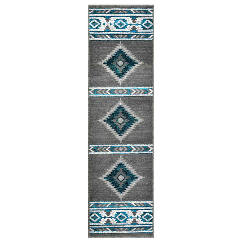 Tapis gris HR Turquoise et multi Southwestern pour chalet Tribal Medallion, Tapis de couloir de 2 pi x 7 pi