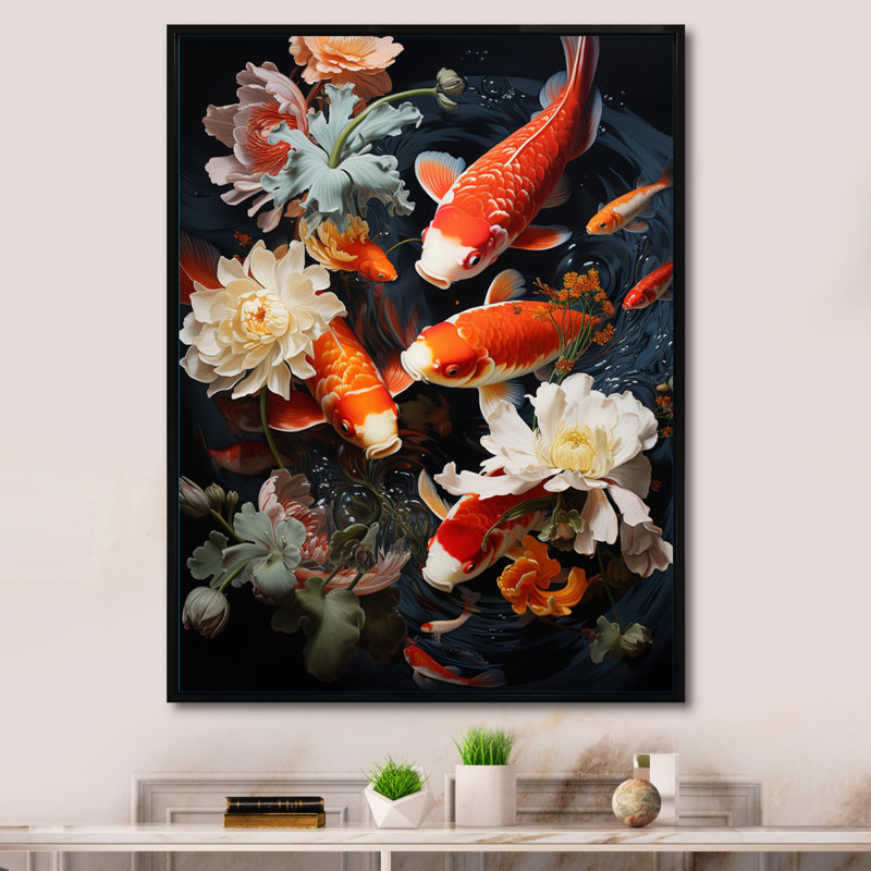 «Asian Art Infinite Koi I», reproduction d'art sur toile, H 44 po x l 34 po x P 1,5 po, Cadre flottant noir