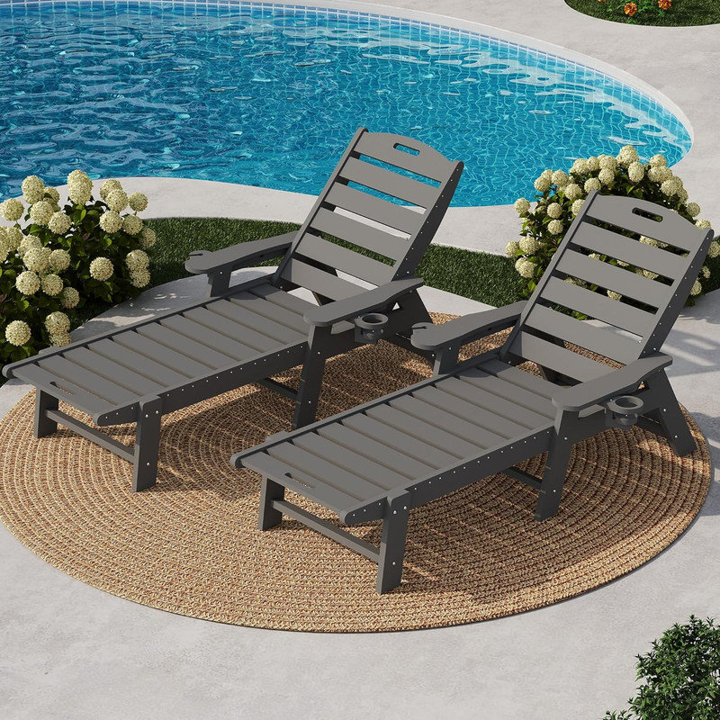 Chaise longue d'extérieur en PEHD pour l'extérieur, surdimensionnée à 5 positions avec porte-gobelet, Gris