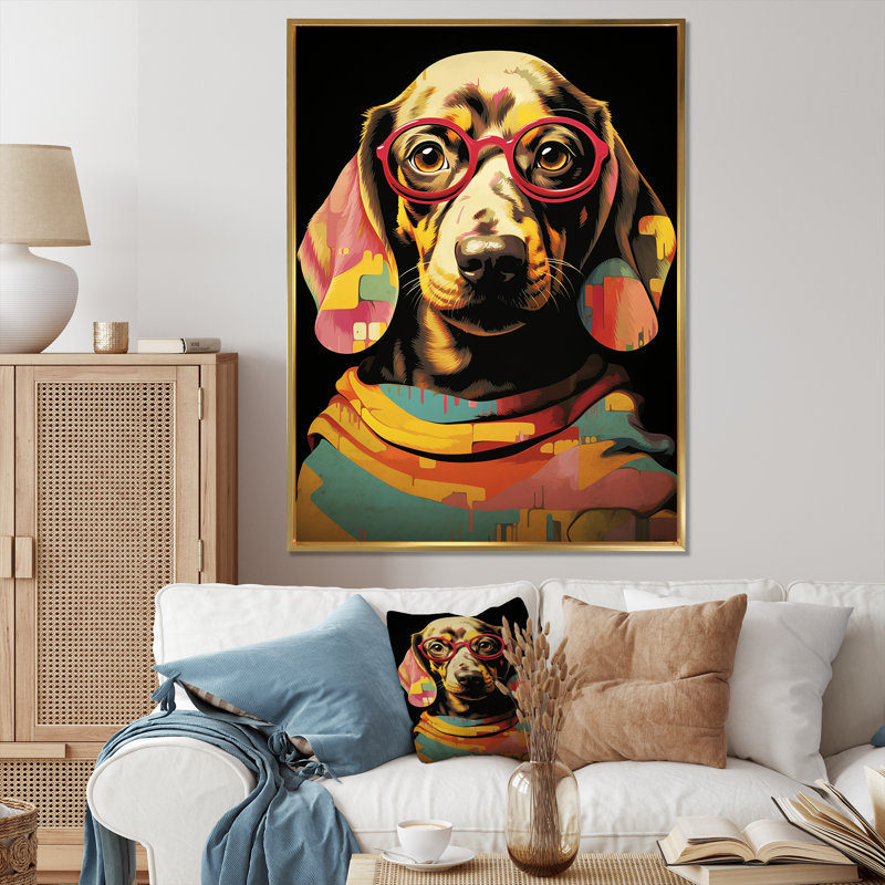 «Curious Popart Daschund Dog II», art mural chien, Cadre simple noir, H 40 po x l 30 po x P 1,5 po