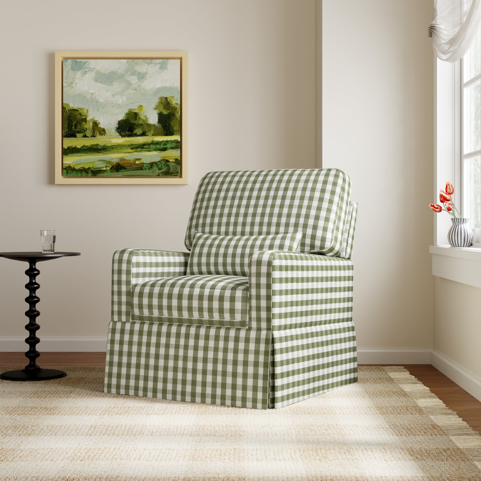 Crawford Upholstered Swivel Glider, Green Gingham