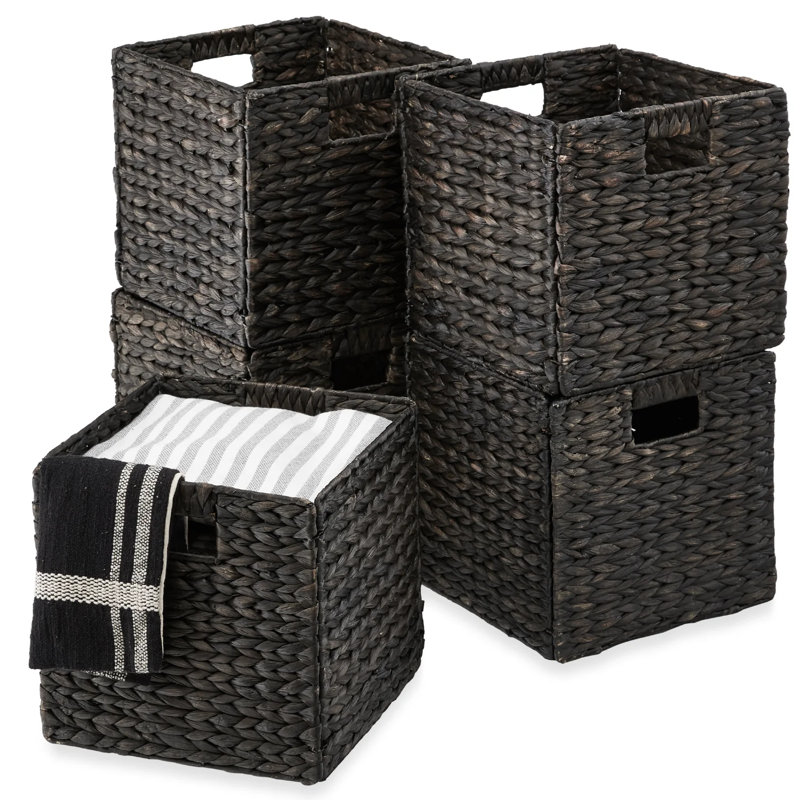 Black Handwoven Hyacinth Foldable Storage Baskets, Set of 5