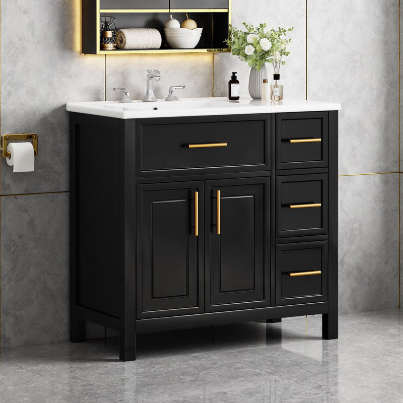 Meuble-lavabo noir 36 po avec lavabo en céramique à gauche, conception asymétrique à 3 tiroirs et 2 portes, poignées dorées, bois d'hévéa massif, prêt pour un robinet de 8 po, capacité de 250 lb