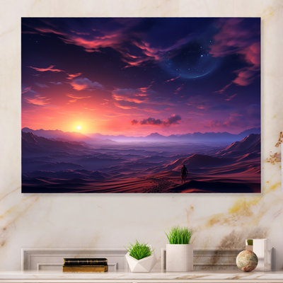 «Rose and Blue Nocturnal Desert Dunescape Sunset», art mural de paysages spatiaux en métal