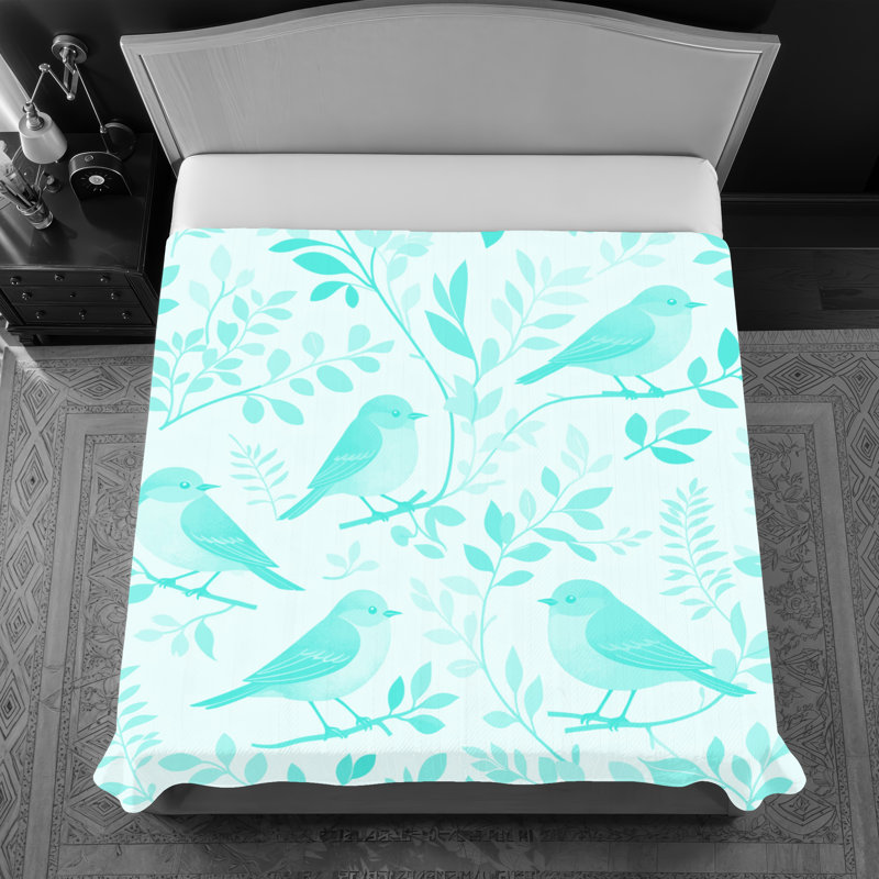 Couvre-lit matelassé Birds On Branches, Lit simple, Vert clair / blanc moyen