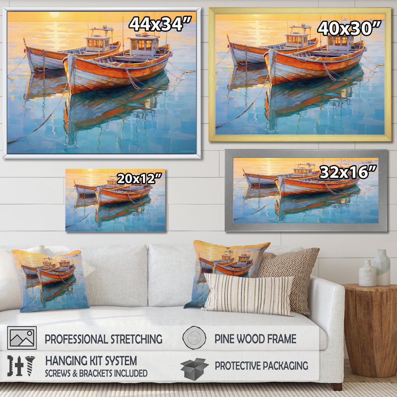 Deux bateaux dans le port III, reproduction d'art sur toile, Cadre flottant noir, H 24 po x l 32 po x P 1 po