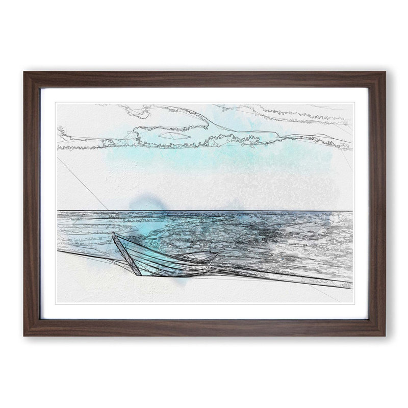 Blue Boat upon the Beach in Abstract - Picture Frame Drawing Print, Walnut Framed, 36cm H x 48cm W x 2cm D