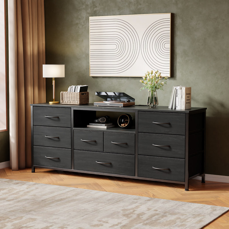 Commode 9 tiroirs en tissu avec plateau en bois, commode de rangement, 26.3'' H x 55'' W x 13.7'' D, Chêne noir
