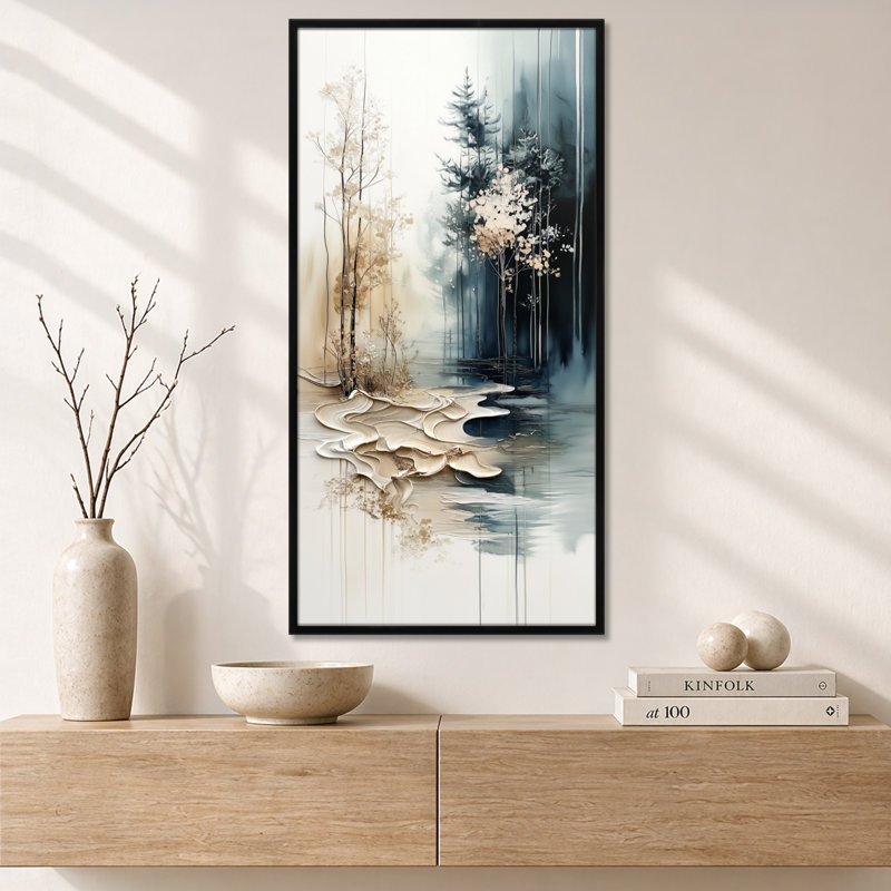 Beige bleu Beulah II - impressions sur toile tranquilles, art mural encadré chaleureux, H 32 po x l 16 po