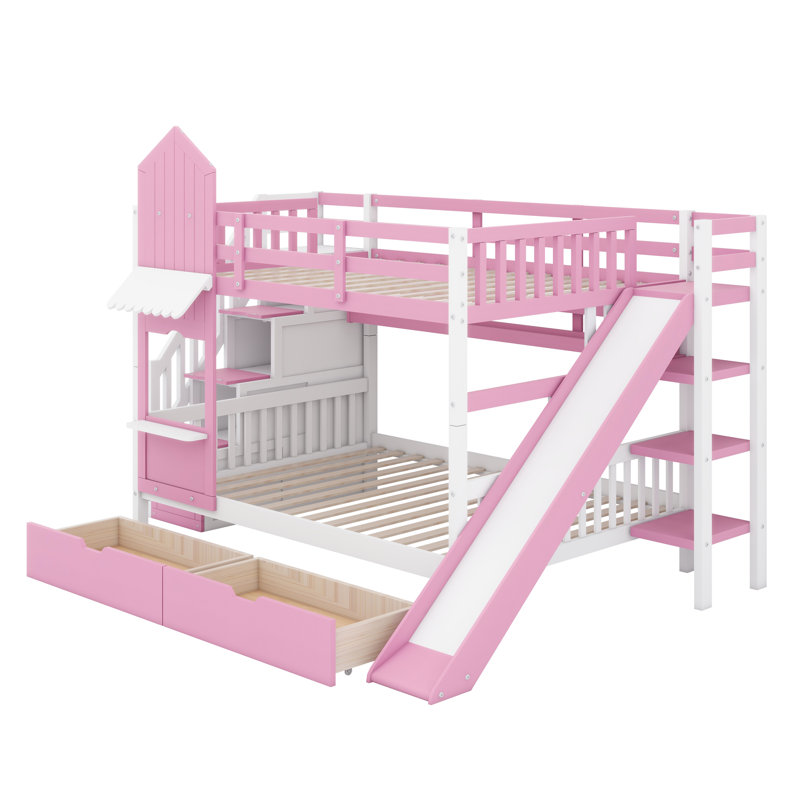 Lit superposé de style château avec tiroirs, tablettes et glissoire, Pink