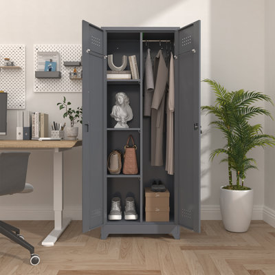 Armoire de rangement à balais de 65 po, armoire utilitaire pour balais et vadrouilles, armoire de rangement en métal avec panneau perforé et tringle, armoire en métal avec portes et tablettes réglables, garage, gris