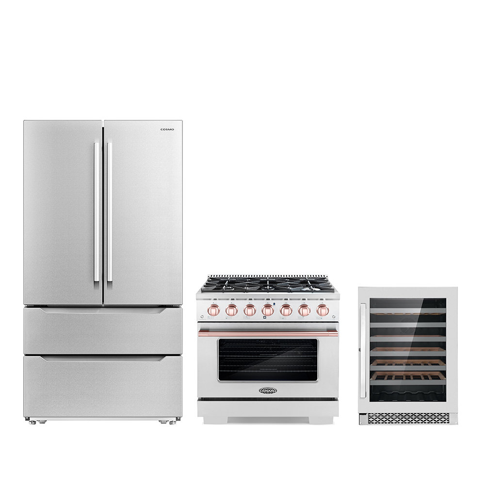 Cosmo 3 Piece Kitchen Appliance Package with French Door Refrigerator , 36'' Gas Freestanding Range , and Wine Refrigerator Cosmo 