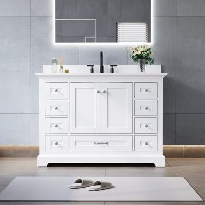 Meuble-lavabo autoportant l 48 po x H 34,2 po avec comptoir en marbre de culture blanc pur et lavabo simple