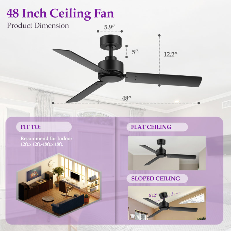Bubacarr  48'' Matte Black Ceiling Fan with LED Light and Remote Control