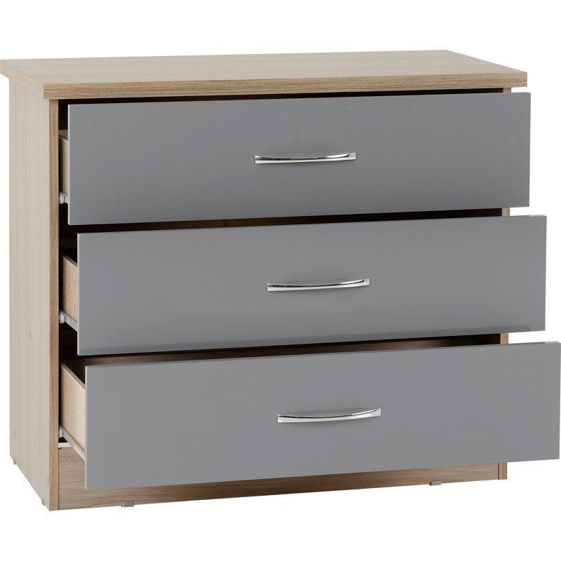 Cascio 3 Drawer Chest Of Drawers, Grey Gloss/Light Oak Effect Veneer