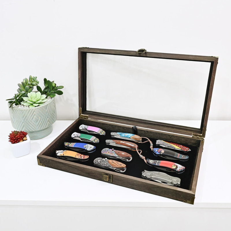 Présentoir à bijoux en bois en verre trempé avec charnière en métal et luxueux panneau amovible en velours MDF noir