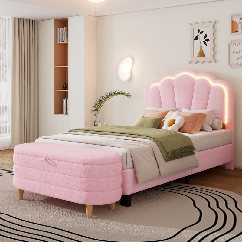 Ensemble de chambre à coucher 2 pièces, lit plateforme tapissier avec repose-pieds DEL, Simple, Rose