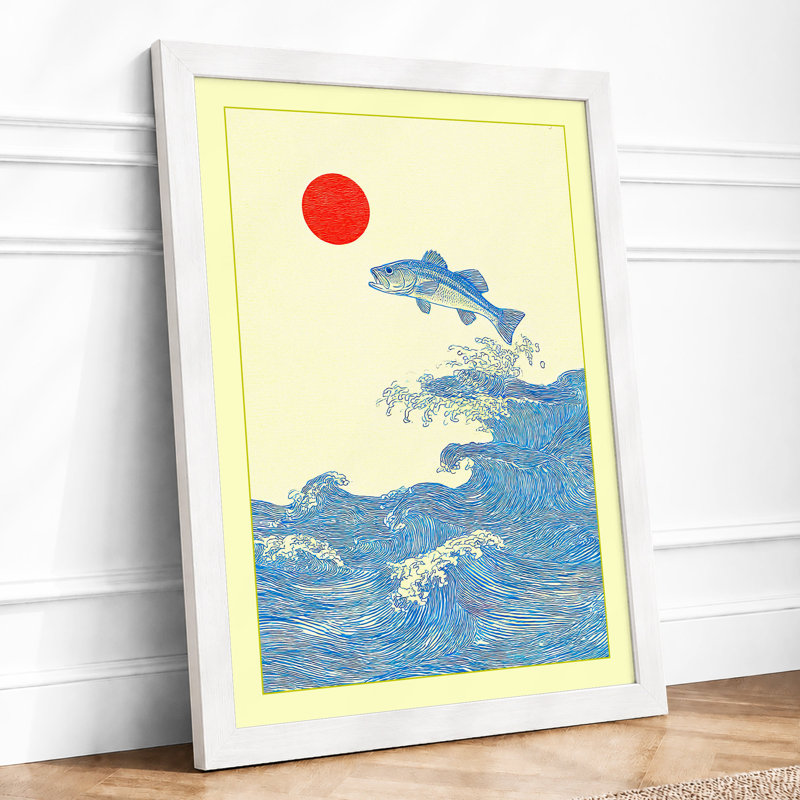 Leaping Fish at Sunrise Japandi 1 Piece Single Picture Frame Wall Art, A4 - 29.7 x 21.0 cm, White