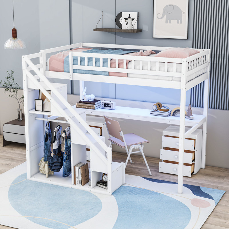 Lit mezzanine en bois avec bureau intégré et éclairage DEL, Simple, Blanc