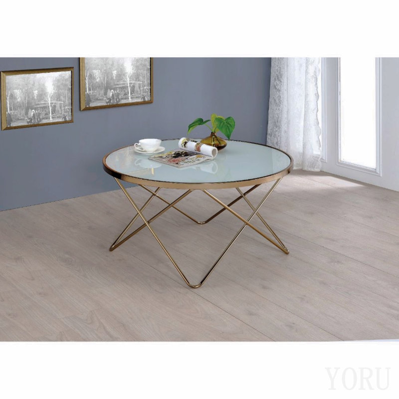 Table basse ronde champagne avec verre dépoli, H 18 po x l 34 po x P 34 po, Champagne