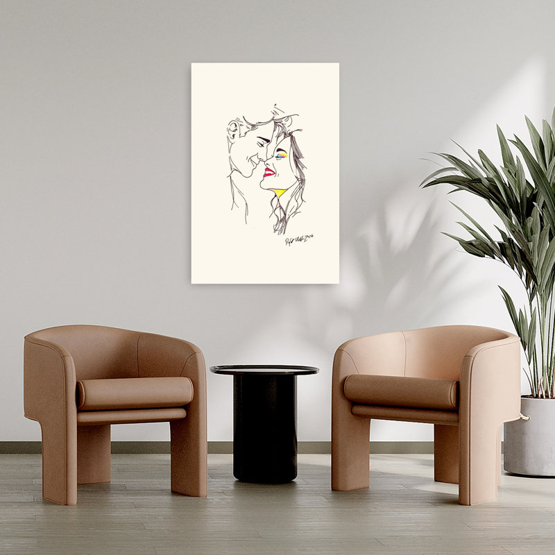 Couple romantique partageant un moment intime avec un maquillage coloré et des lèvres rouges vives, art mural moderne minimaliste contemporain