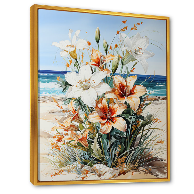 Fleurs saisonnières sur la plage sur toile, Cadre flottant doré, H 44 po x l 34 po x P 1,5 po