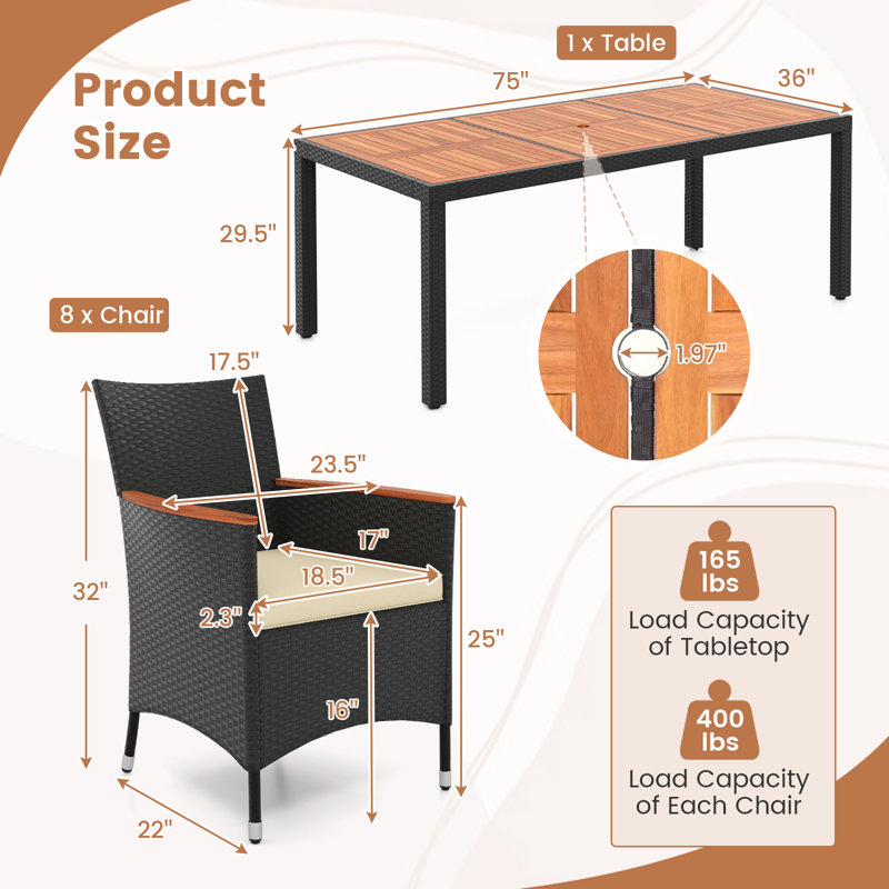  Ensemble repas 9 pièces pour patio pour 8 grands ensembles de conversation avec coussin de siège de parasol