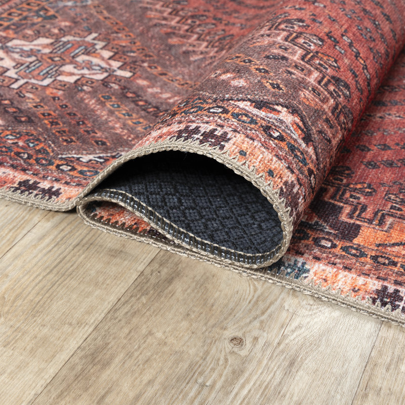 Washable Non-Slip 12 ft Runner - Red / Multicolor Traditional Bordered Runner, Runner 2'6" x 12'