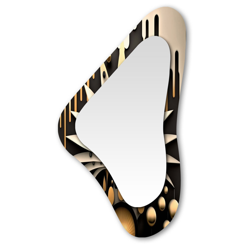 Jersi White Leaves With Golden Droplets - Geometric Asymmetrical Large Wall Mirror, Black Unique Shape Decorative Mirror, Printed Metal Art