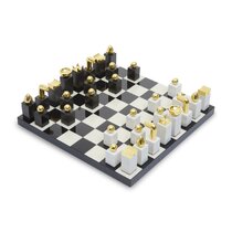 L'Objet Modern Classic White Marble Brass Accent Chess Set