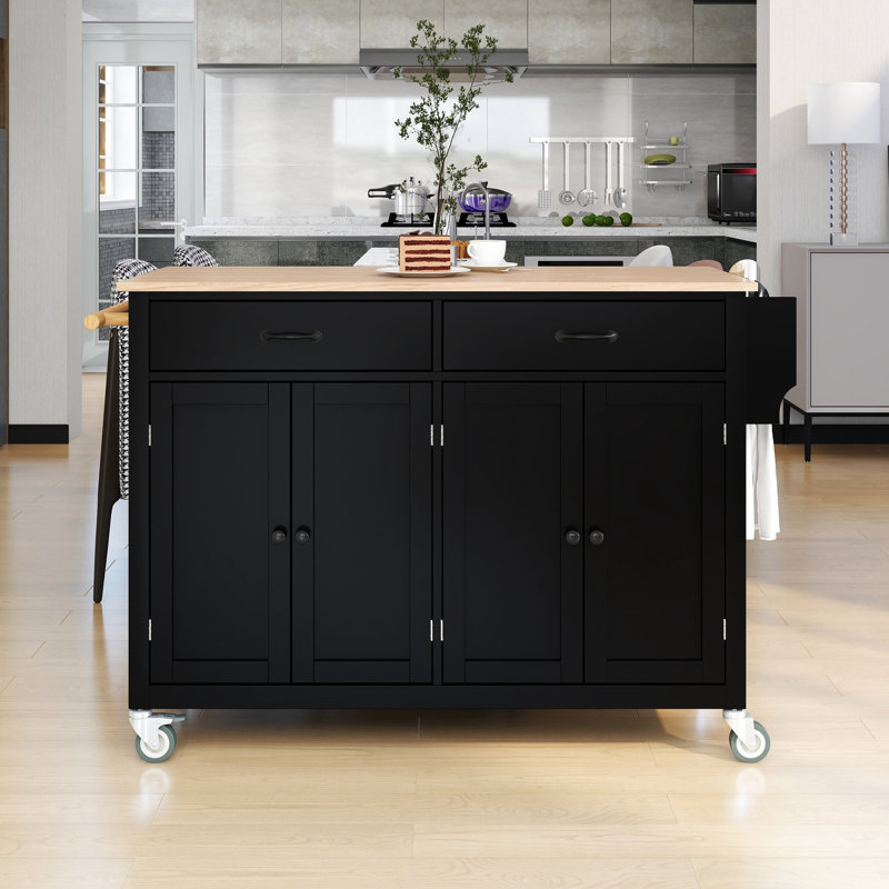 Solid Wood Top Kitchen Island Cart In Black Color, 4 Door Cabinet, 2 Drawers, Towel Rack & Stable Lockable Mobile With Worksurface, Spice Locking Transportable